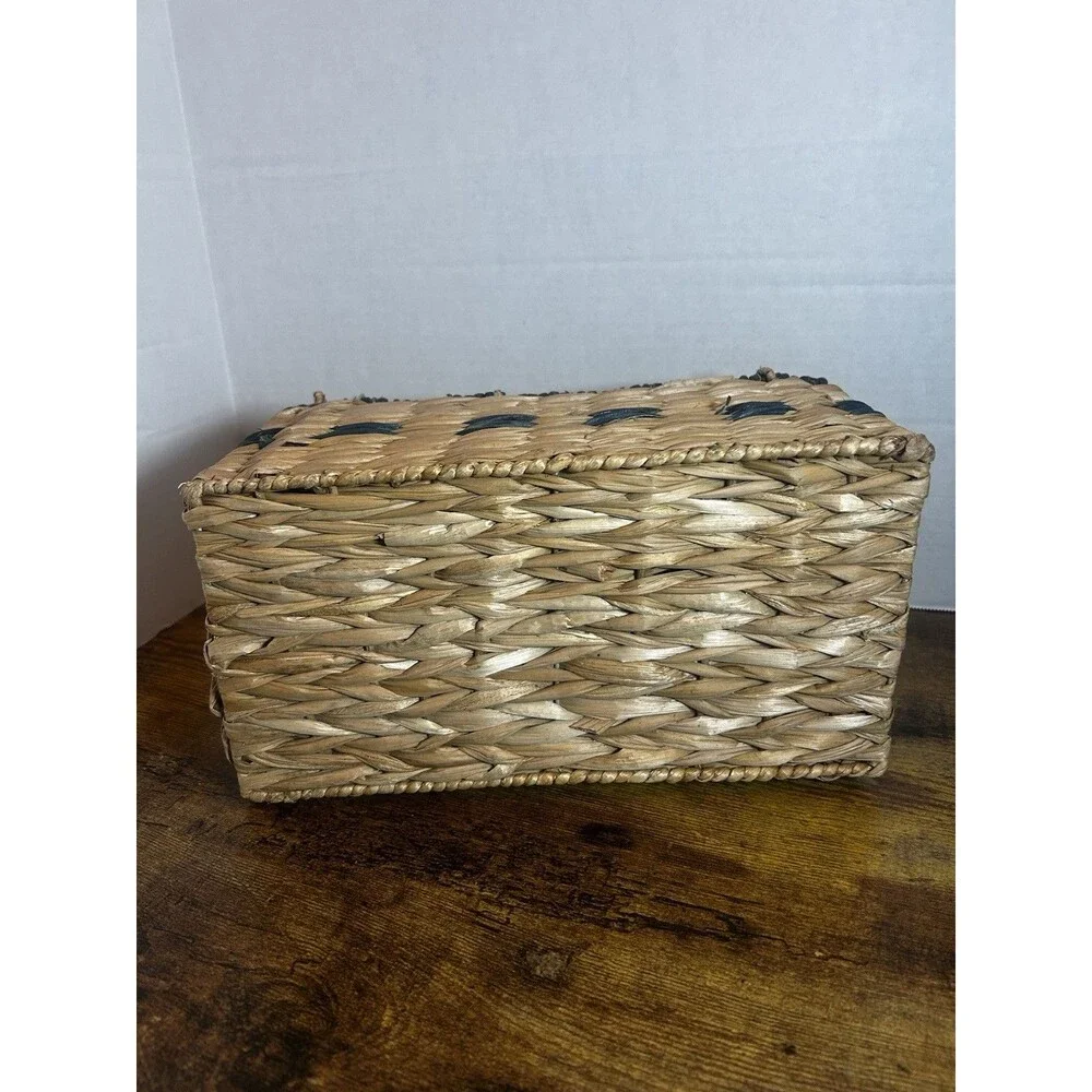 Woven Lidded Storage Basket Natural Blue Boho Bathroom Organizer Decorative Box